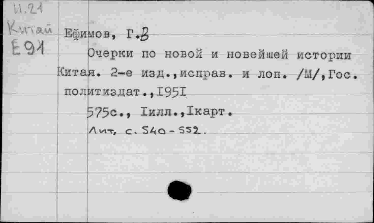 ﻿5лл Ефимов, Г.5
Очерки по новой и новейшей истории
Китая. 2-е изд.,исправ. и лоп. /М/,Гос Политиздат.,1951
575с., 1илл.,1карт.
Л 1ЛТ, С.34о-352_.